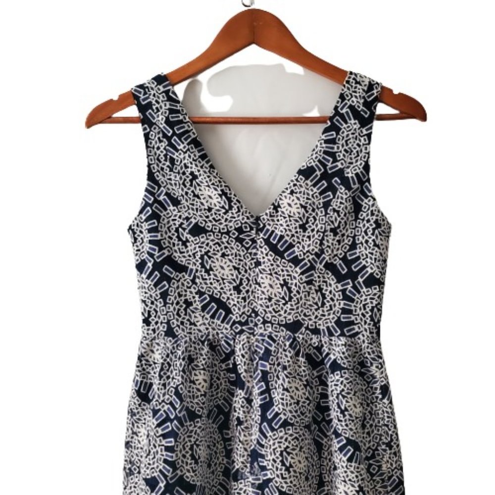 Shoshanna Women's Blue & White Geo Print Shear Floral Lace Mini Dress Size 0/ XS - Picture 7 of 14